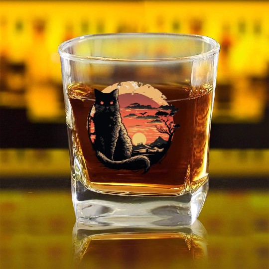 Catzilla Vintage Funny Cute black Cat Art Japanese Square Whiskey Glasses