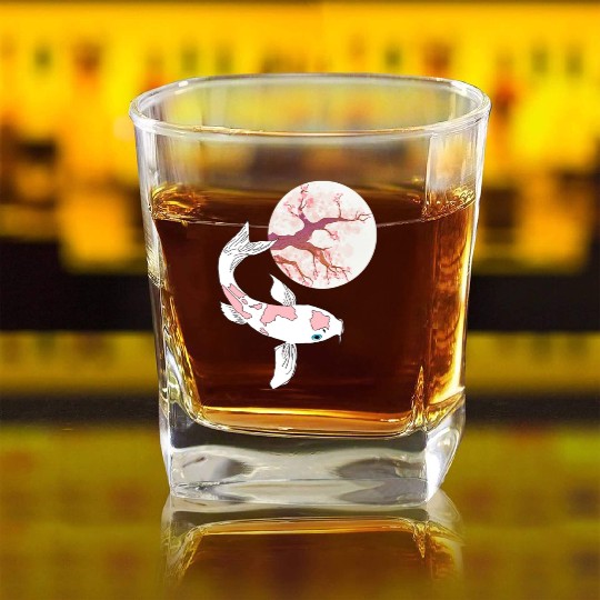 Koi Sakura Tree Moon Cherry Blossom Nishikigoi Jap Square Whiskey Glasses