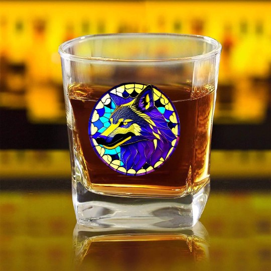 Moonlit Majesty The Art of Stained Glass Wolves Square Whiskey Glasses