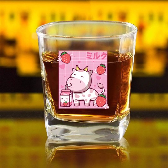 Kawaii Pink Strawberry Cow Milk Shake Otaku Anime Square Whiskey Glasses