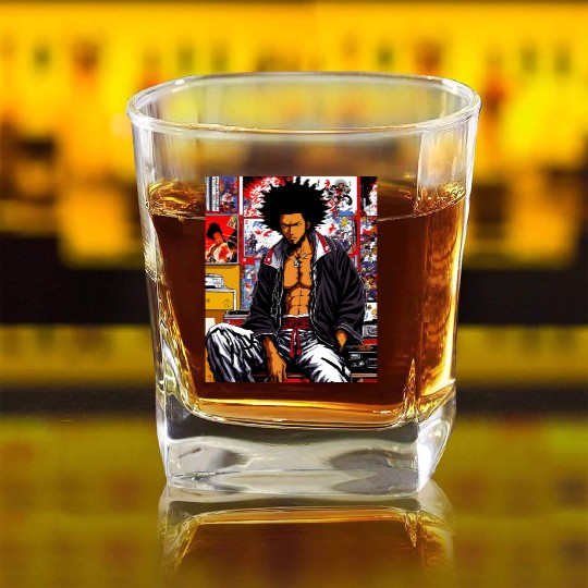 Samurai Afro Lofi hip hop anime 90s Square Whiskey Glasses