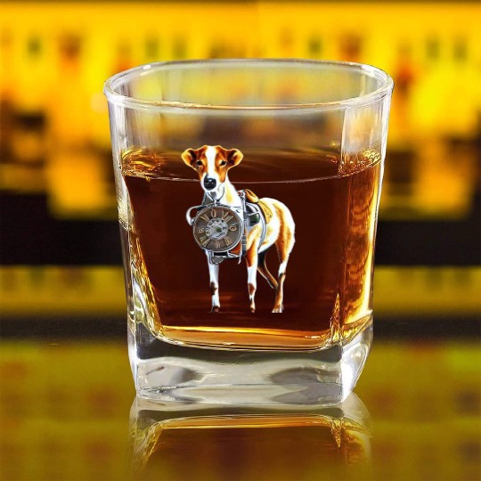 Brown White Greyhound Dog With Old Looking Clock Square Whiskey Glasses