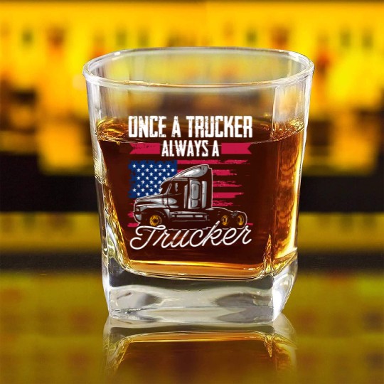 Truck Driver Us Flag Old Man Trucker Square Whiskey Glasses