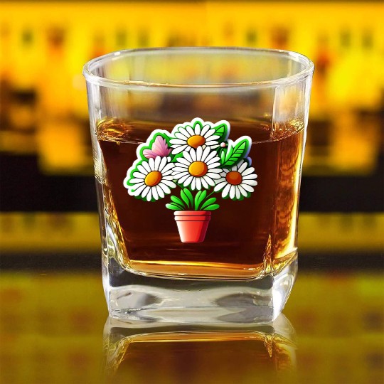 Daisy Flower Sticker Square Whiskey Glasses