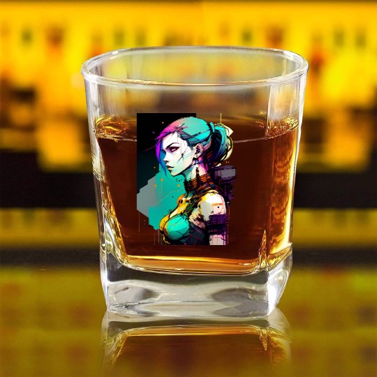 Bold and Beautiful Cyberpunk Girl with Teal Hair Square Whiskey Glasses