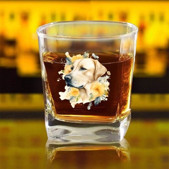 Yellow Lab Dog Watercolor Floral Square Whiskey Glasses