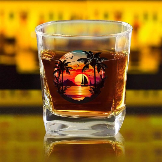 Beach Sunset Sailboat Palm Trees Ocean Vacation Square Whiskey Glasses