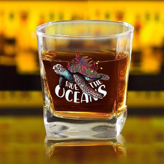 Save The Ocean Sea Turtle Reefs Cartoon Square Whiskey Glasses