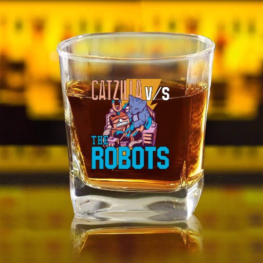 Catzilla Versus Robot Square Whiskey Glasses