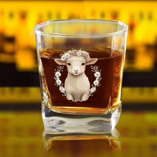 Cute Lamb Flower Crown Sheep Baby Floral Farm Anim Square Whiskey Glasses
