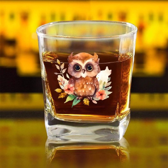 Brown Owl Forest Animal Watercolor Floral Square Whiskey Glasses
