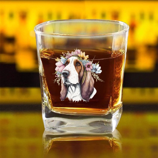 Cute Basset Hound Flower Crown Pet Dog Breed Flora Square Whiskey Glasses