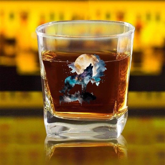 Mountain Wolf Multicolor Watercolor Portrait Square Whiskey Glasses