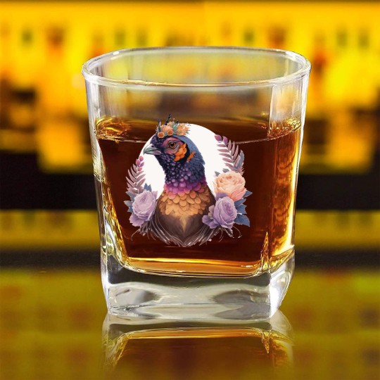 Pastel Watercolor Pheasant Bird Flower Crown Pet B Square Whiskey Glasses