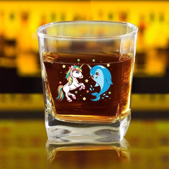 Cute Funny Horned Narwhal And Unicorn Friends Square Whiskey Glasses