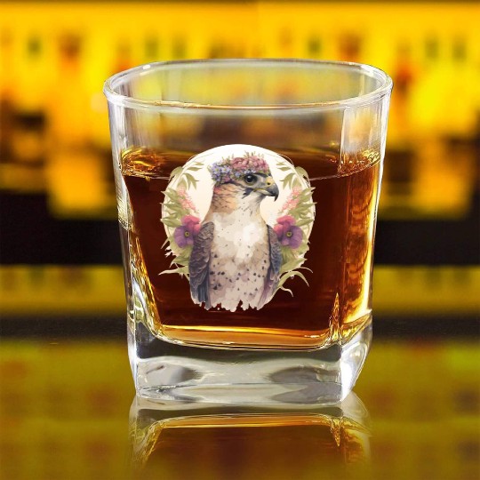 Watercolor Falcon Birds Of Prey Flower Crown Flora Square Whiskey Glasses