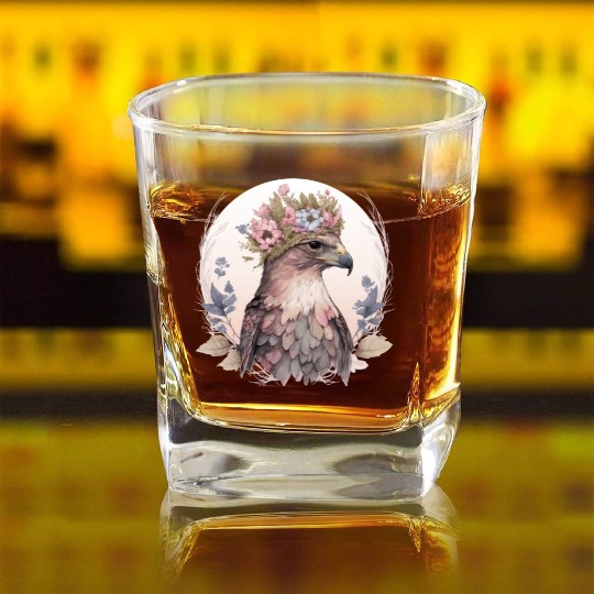Cute Hawk Bird Of Prey Flower Crown Floral Bird Wa Square Whiskey Glasses