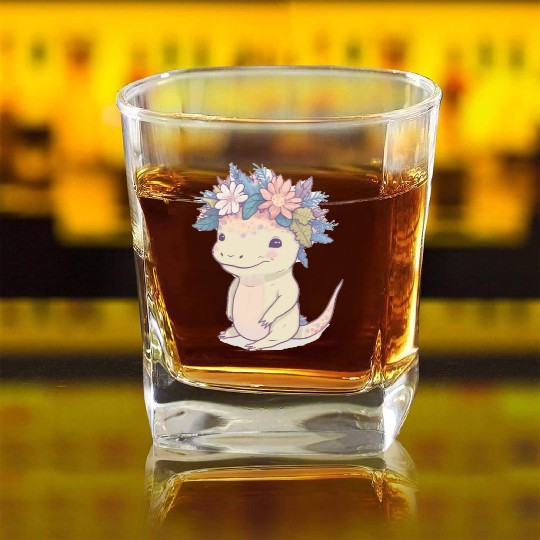 Cute Axolotl Amphibian Flower Crown Watercolor Ani Square Whiskey Glasses