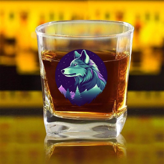 Starry Night Wolf With Northern Light Colors Square Whiskey Glasses