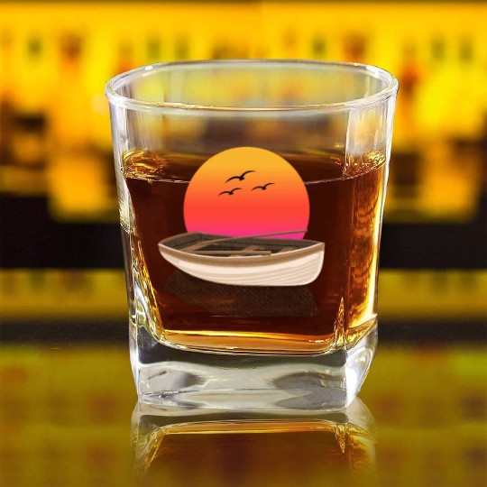 Retro Sunset rowing boat Graphic Square Whiskey Glasses