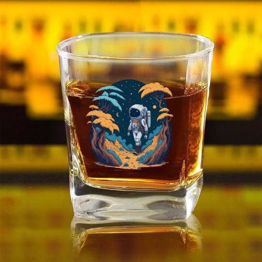 Astronaut walking in the jungle Square Whiskey Glasses