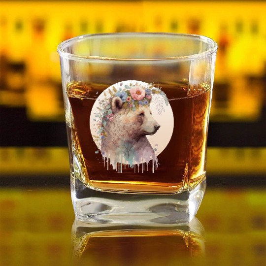Brown Bear Watercolor Grizzly Bear Flower Crown Wi Square Whiskey Glasses