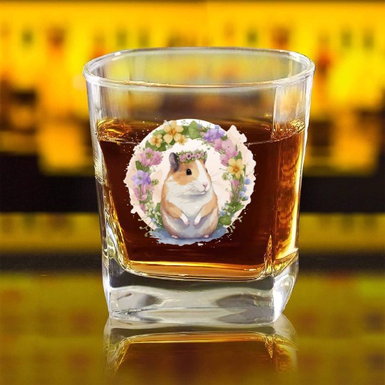 Cute Hamster Flower Crown Boho Aesthetic Floral An Square Whiskey Glasses