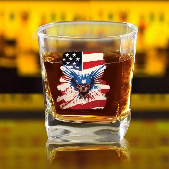 Angry Skull Bursting Through US Flag Square Whiskey Glasses