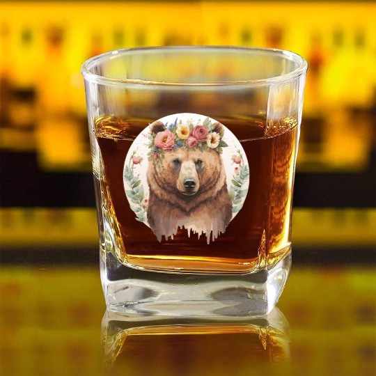 Cute Brown Bear Grizzly Flower Crown Animal Lovers Square Whiskey Glasses