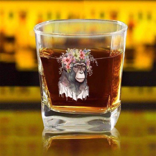Cute Monkey Flower Crown Floral Watercolor Square Whiskey Glasses