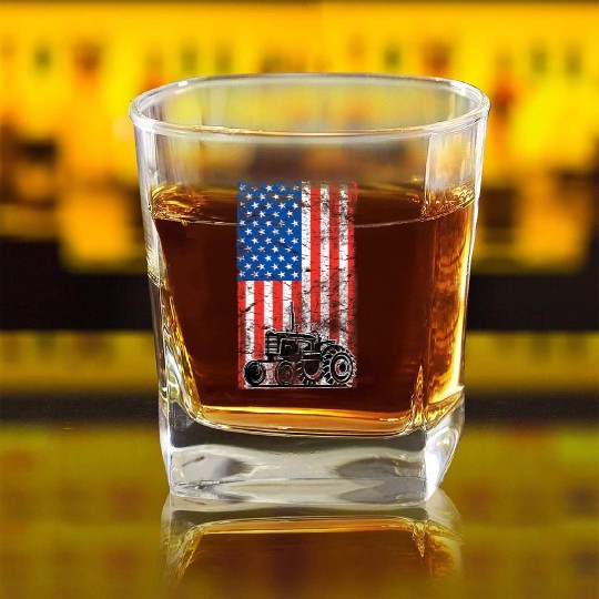 American Flag Farm Patriotic Farming Tractors Square Whiskey Glasses