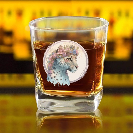 Cute Cheetah Flower Crown Floral Watercolor Animal Square Whiskey Glasses