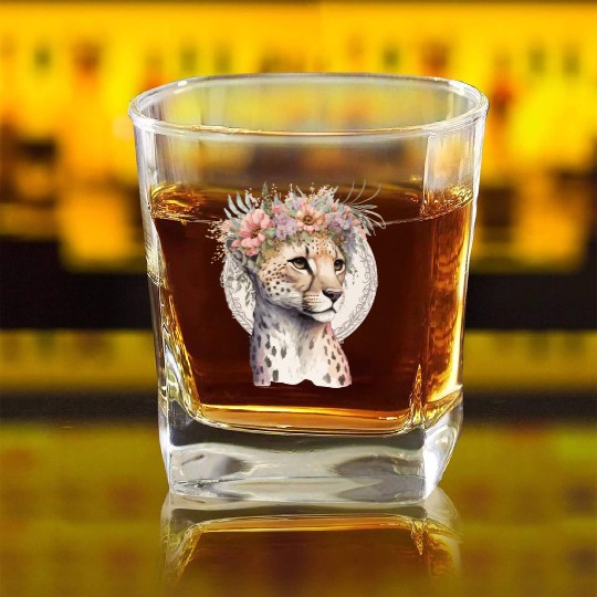 Cute Cheetah Flower Crown Boho Aesthetic Square Whiskey Glasses