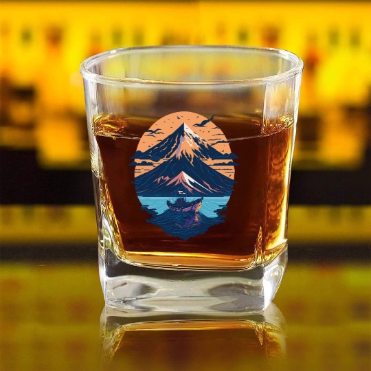 Serene Mount Fuji Sunset Peaceful River Scenery Square Whiskey Glasses