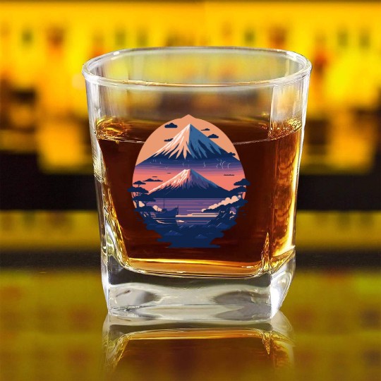 Serene Mount Fuji Sunset Peaceful River Scenery Square Whiskey Glasses