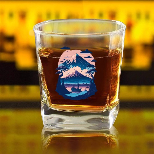Serene Mount Fuji Sunset Peaceful River Scenery Square Whiskey Glasses