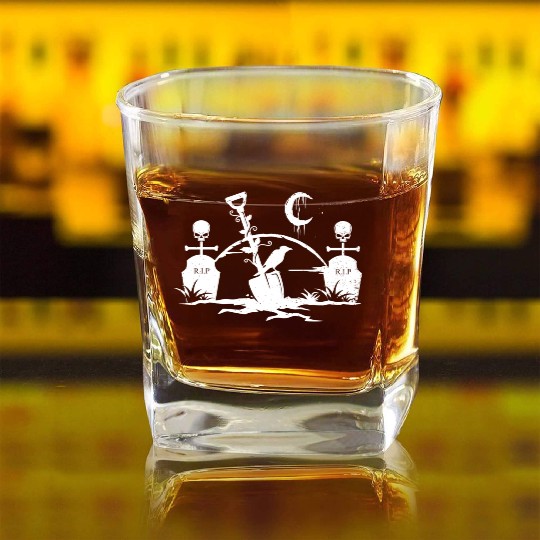 Gothic Graveyard Vintage Crow Lover Skull Fanatic Square Whiskey Glasses