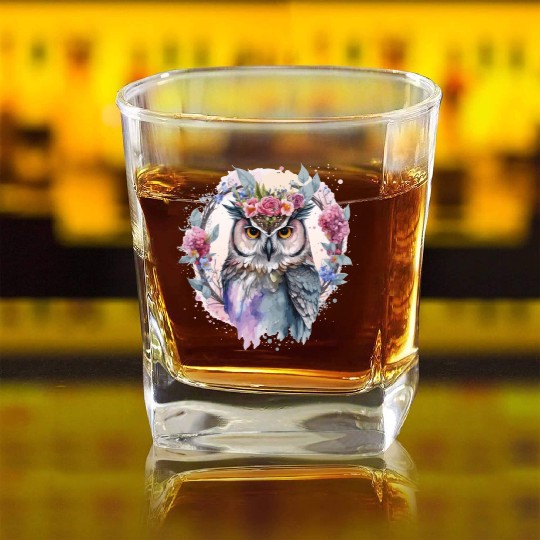 Watercolor Owl Flower Crown Artistic Floral Birds Square Whiskey Glasses