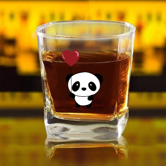 Cute Chibi Panda Valentine Balloon Heart Square Whiskey Glasses