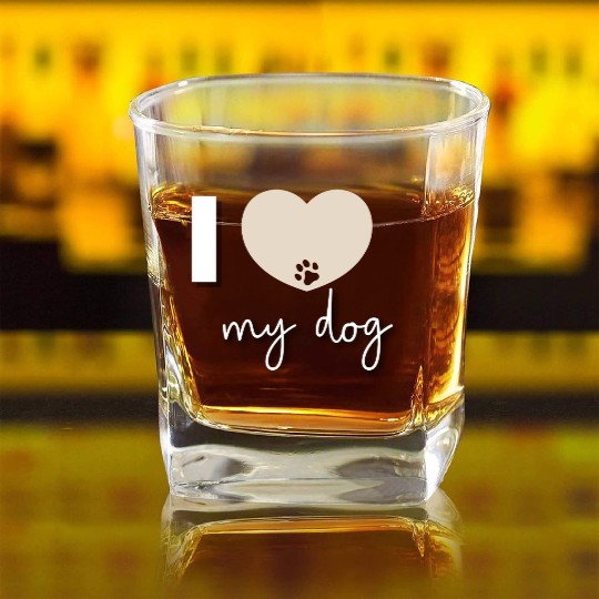 I Love My Dog Beige Heart Square Whiskey Glasses