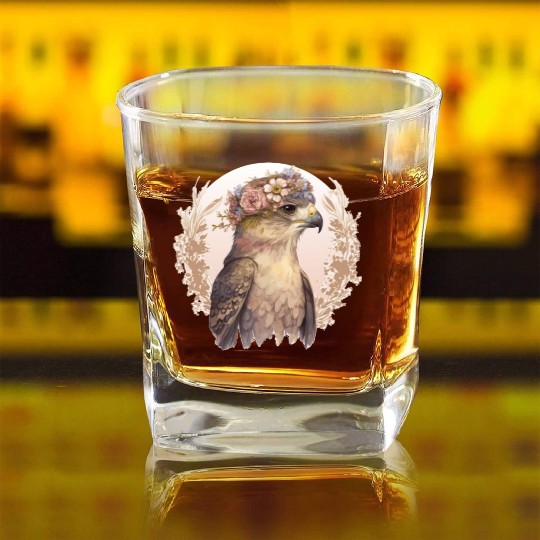 Watercolor Hawk Bird Of Prey Flower Crown Floral B Square Whiskey Glasses