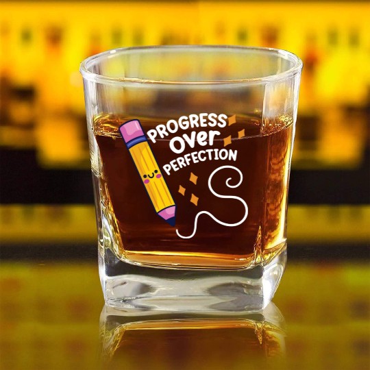Progress Over Perfection back to School Teacher Square Whiskey Glasses