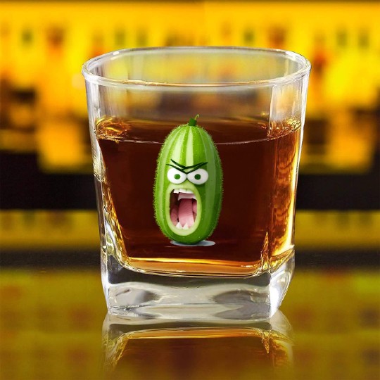 A cucumber with angry face cartoon style Square Whiskey Glasses