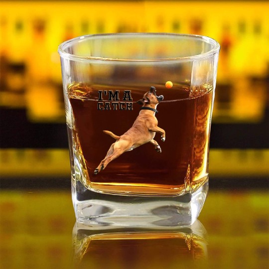 Big Dog Bull Mastiff Catching a Ball, I'm a Catch Square Whiskey Glasses