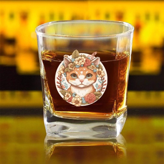 Cottagecore Cute Baby Cat Kitten Flower Square Whiskey Glasses