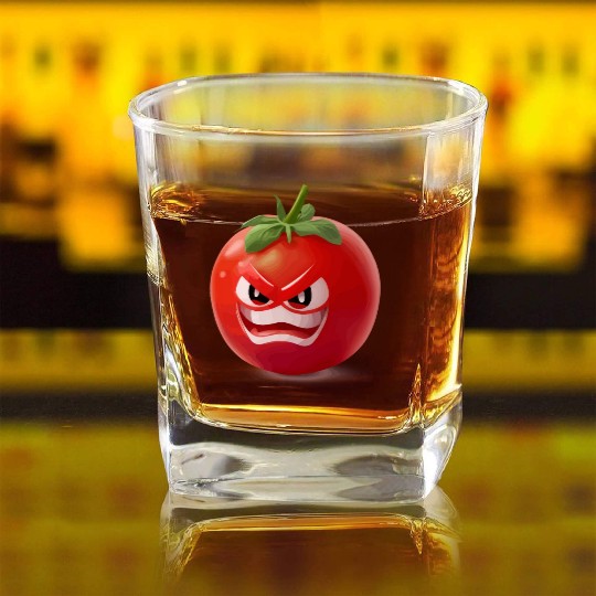 A realistic tomato with angry face cartoon style Square Whiskey Glasses