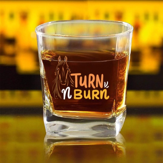 Equestrian Fun Barrel Racing Turn N Burn Square Whiskey Glasses