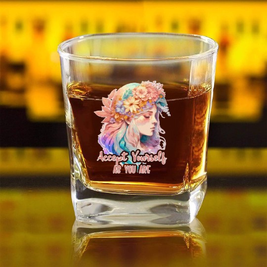 Mental Health Quote Flower Crown Women Positivity Square Whiskey Glasses
