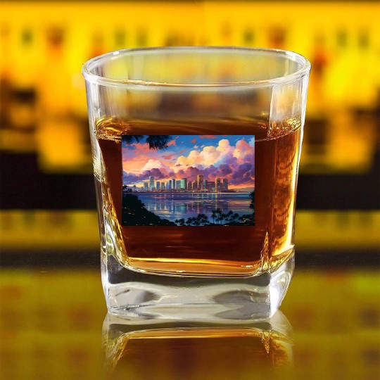 Anime Honolulu A Vibrant Anime Inspired Skyline Square Whiskey Glasses