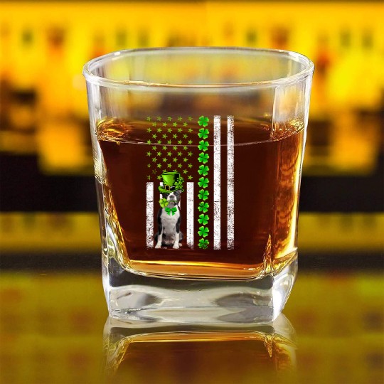 American Flag Boston Terrier Dog St Patric Day Square Whiskey Glasses